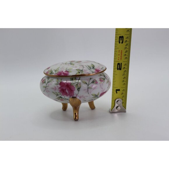 Vintage Floral Porcelain Footed Trinket Box With Lid & Gold Accents - Picture 9 of 9